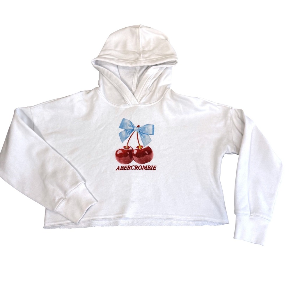 Abercrombie Kids Hoodie Kids 9/10 Cherry Bow Coquette Cozy Cropped Raw Hem White